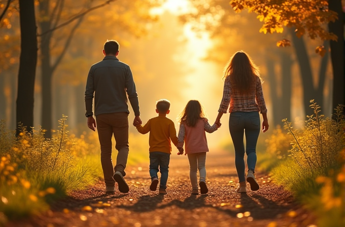 A family of four walks hand in hand down a sunlit, tree-lined path in autumn.