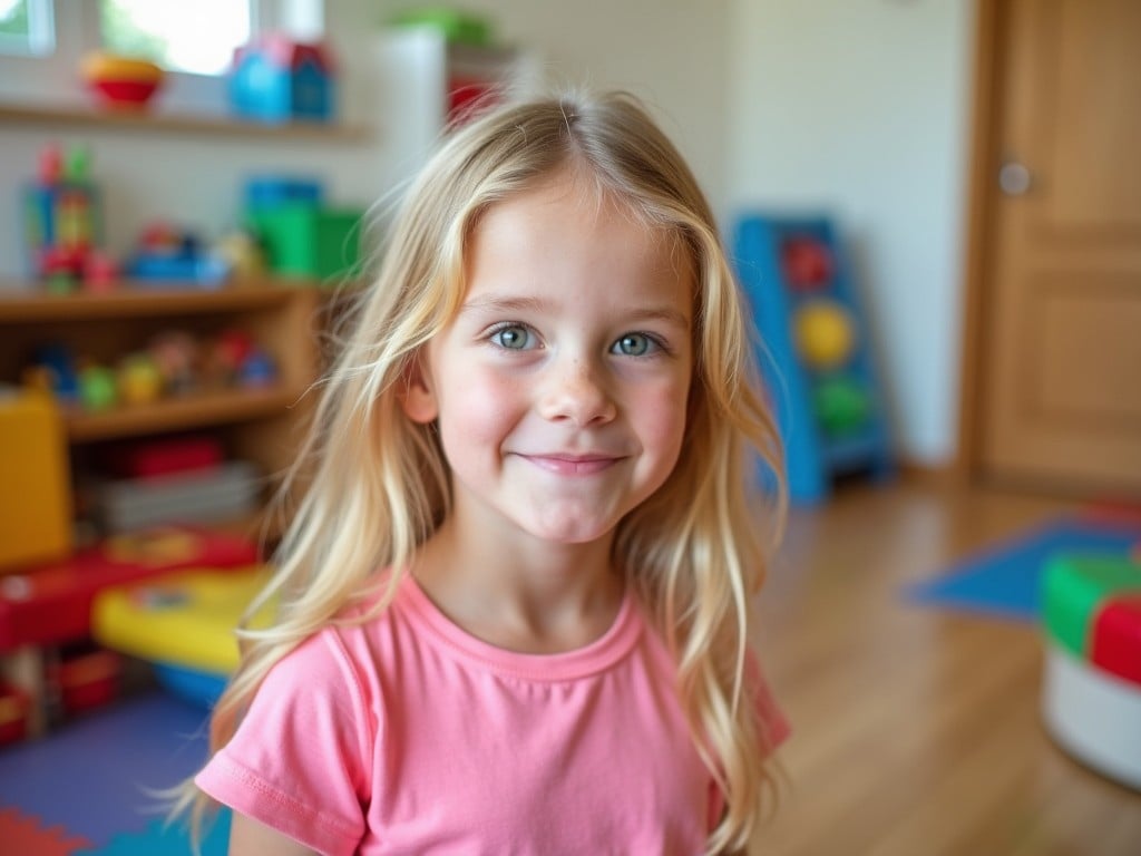 The image depicts a young girl with long blonde hair smiling at the camera. She is in a bright, colorful playroom filled with educational toys. The natural light brightens her face, creating a warm, inviting atmosphere. The background features various colorful elements that are typical in a child's playroom. This image captures the joy and innocence of childhood, making it ideal for educational or parenting contexts.