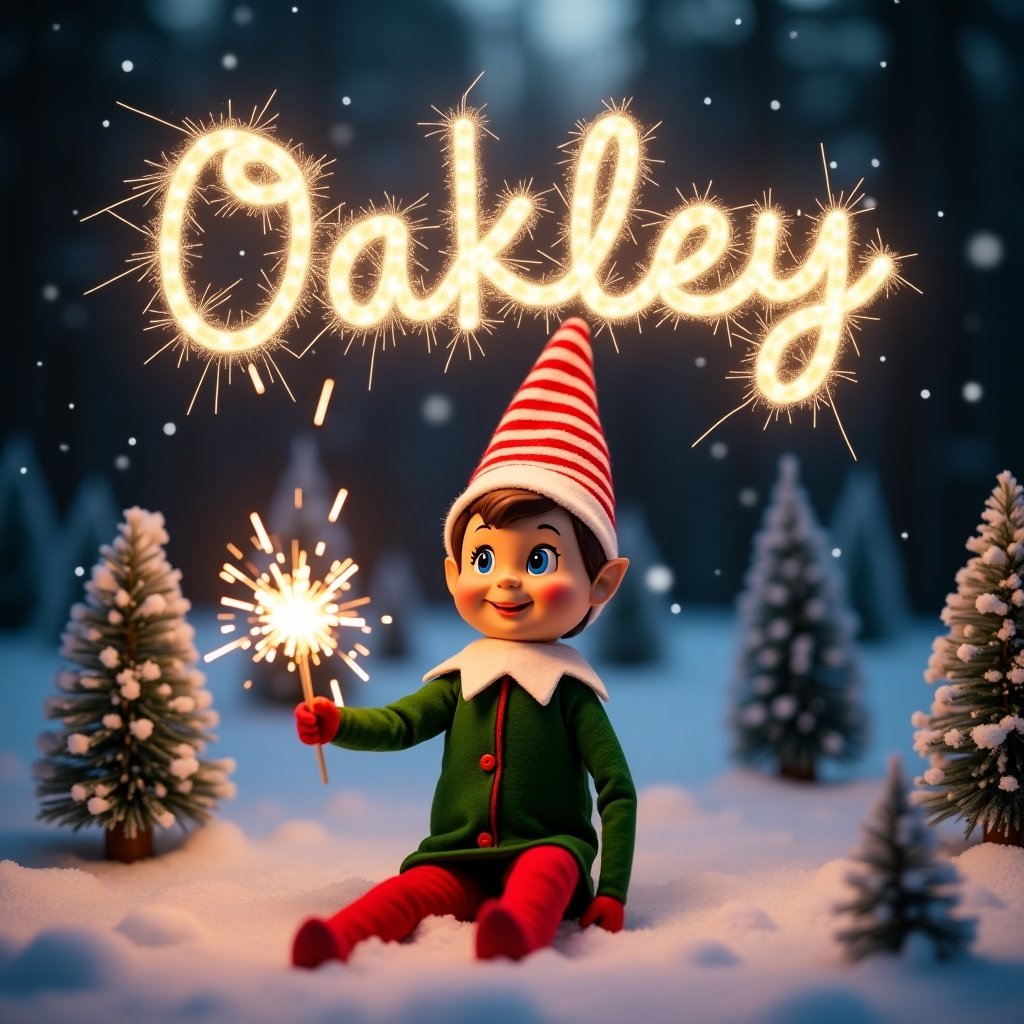 This image features an adorable elf named Oakley, holding a sparkler in a snowy forest during twilight. The elf wears a green outfit with red accents and a classic red and white striped hat. The sparkler emits a warm golden glow, lighting up his happy face. Snowflakes gently fall in the background, enhancing the magical winter scene. Surrounding Oakley are small evergreen trees dusted with snow, contributing to the enchanting atmosphere. This setting captures the excitement and joy of the holiday season.