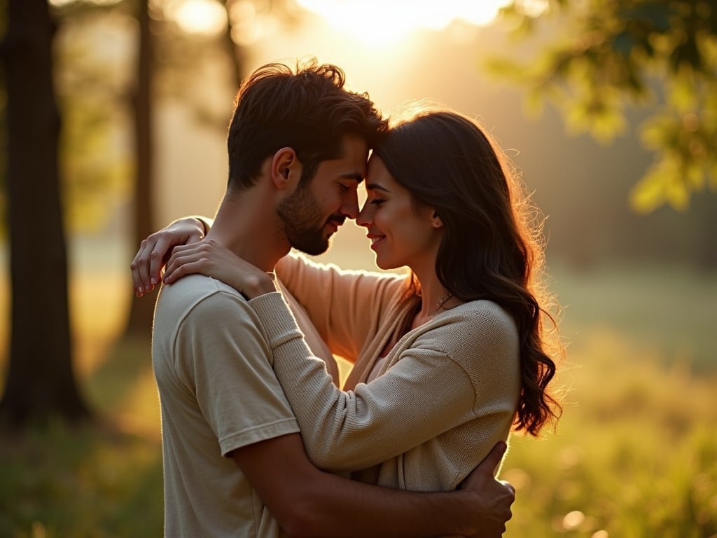 A couple lovingly embraces in a sun-drenched forest setting. The warm, golden light casts a romantic glow over their faces as they stand forehead to forehead, eyes closed in a moment of tender connection. The blurred background suggests a serene, wooded environment, enhancing the intimate ambiance.