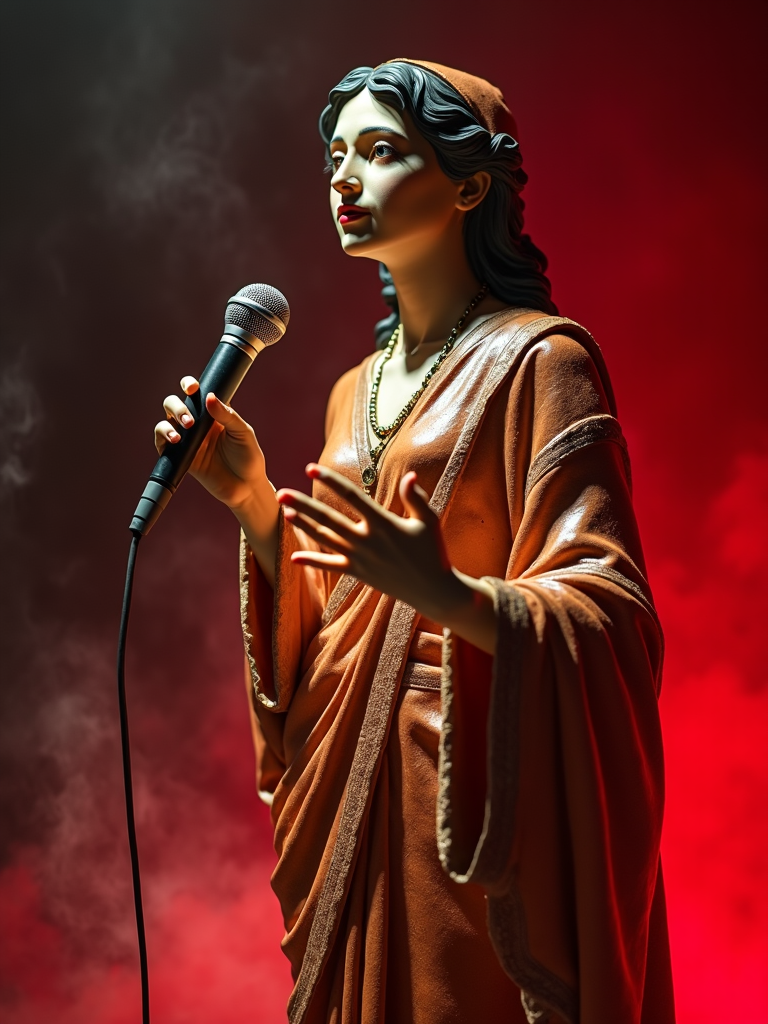 A statue of a woman holding a microphone stands against a dramatic red backdrop, evoking a sense of profound expression and timeless elegance.