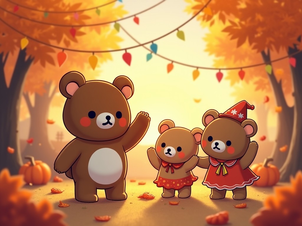 Cartoon bears in autumn scene with colorful leaves and festive decorations