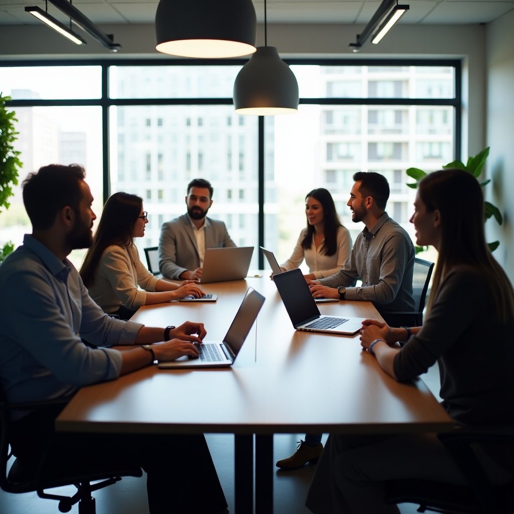 A group of remote working professionals is engaged in a lively discussion inside a bright, modern office meeting room. The room features large windows, allowing natural light to flood in, creating an inviting atmosphere. The professionals are seated around a long, sleek table, with laptops open in front of them. Some team members appear to be sharing ideas, while others listen attentively, contributing to a collaborative vibe. The room is decorated with greenery, enhancing the ambiance. This image captures the essence of teamwork in a contemporary workspace.