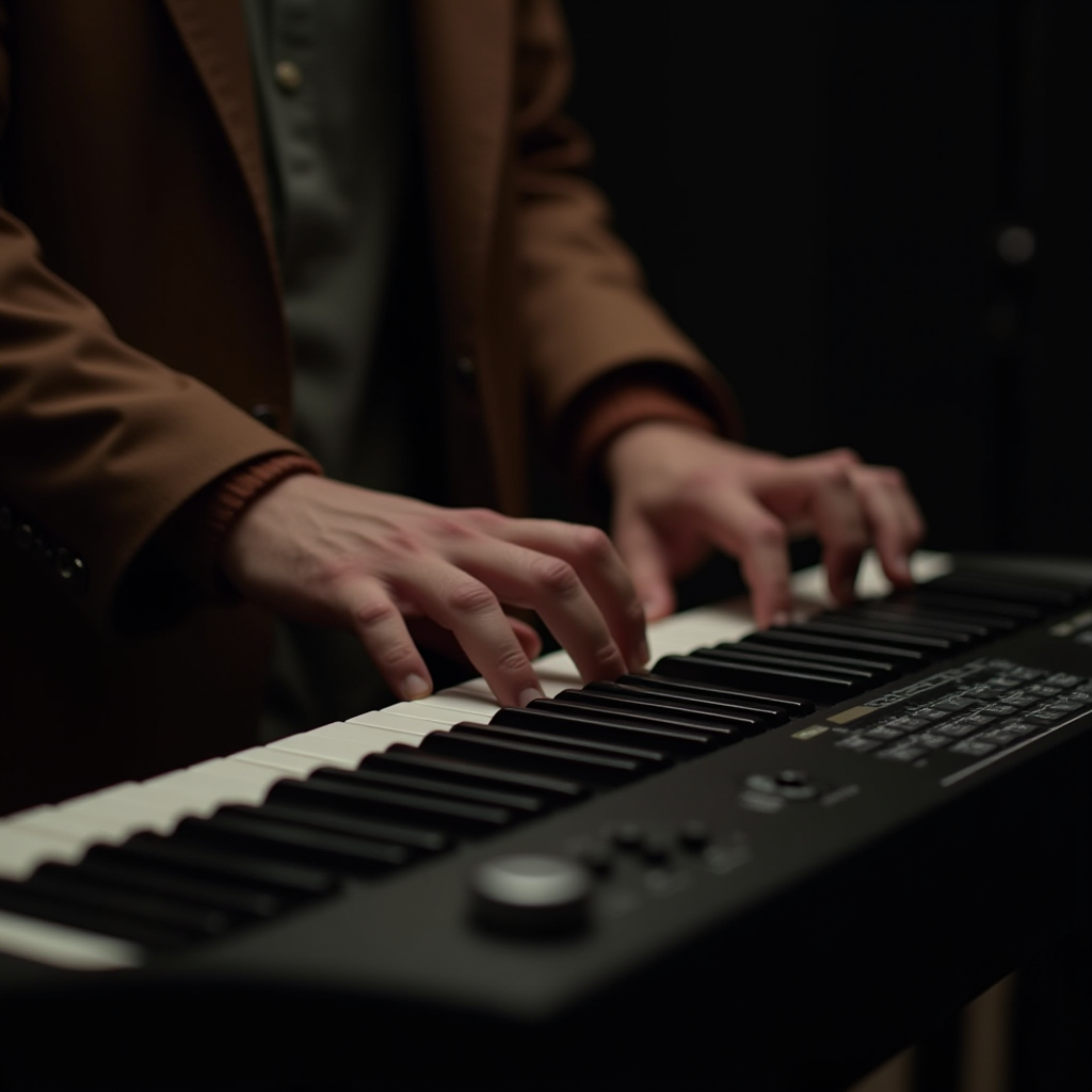 A person in a brown coat playing a black keyboard with focused hands.