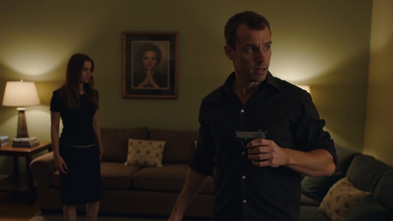 A tense living room scene unfolds. The husband, face tight with rage and despair, paces back and forth. He holds a gun in his hand, showcasing his inner torment rather than outright fury. The wife stands frozen against the wall, embodying fear and unease. The warm lighting enhances the emotional weight of the moment, contrasting with the chill of the situation.