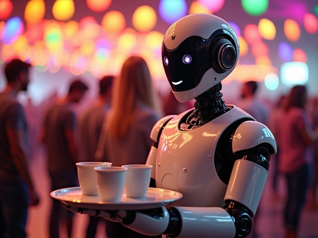 The image features a futuristic robot serving coffee at a lively party. The robot has a sleek, shiny design with a friendly expression. It carries a tray with cup holders, showcasing modern technology. The background is filled with people enjoying the event, illuminated by colorful lights. This scene captures the intersection of robotics and hospitality, emphasizing the role of AI in social settings.