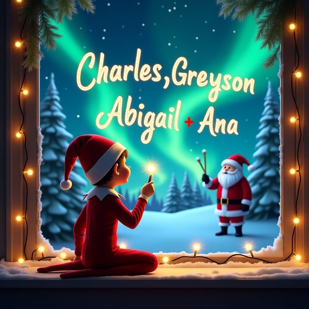 The image features an elf on the shelf, sitting with his back to the viewer. He holds a wand that magically writes the names 'Charles, Greyson, Abigail & Ana' in glowing letters. The backdrop is a charming Christmas landscape with vibrant northern lights in the sky. In the distance, Santa Claus adds to the festive ambiance. Snow-covered trees frame the window, creating a picturesque winter scene. Twinkling lights drape over the window sill, enhancing the holiday spirit.