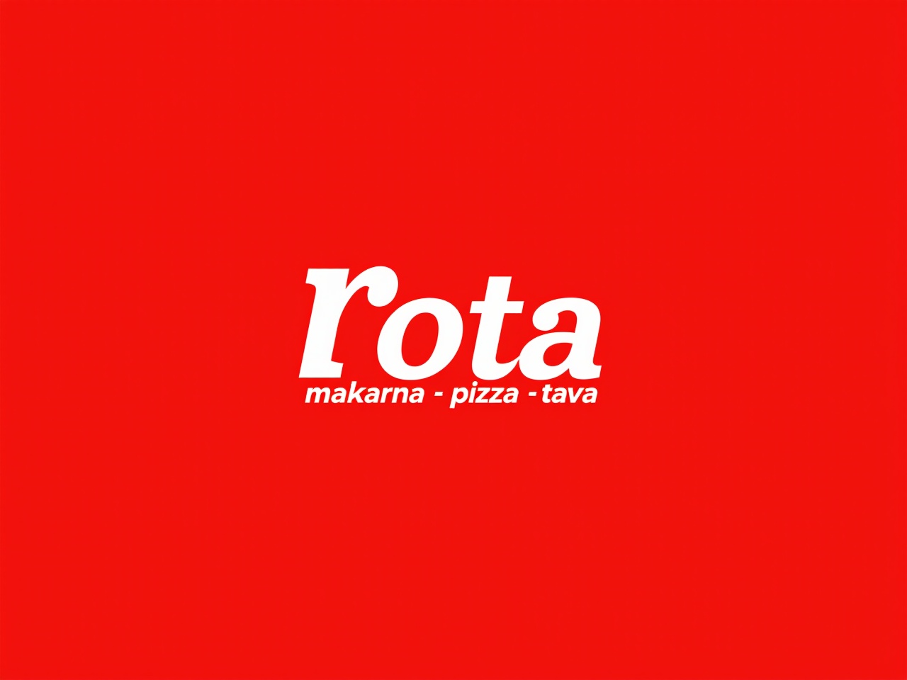 This image features a bold and striking logo for a restaurant named 'rota.' The logo is set against a vibrant red background, with the name clearly visible in white. It includes the words 'makarna,' 'pizza,' and 'tava' beneath the main name, indicating the types of cuisine offered. The design is modern and minimalist, drawing attention to the text. This logo would be suitable for various branding materials, conveying a sense of energy and passion for food.