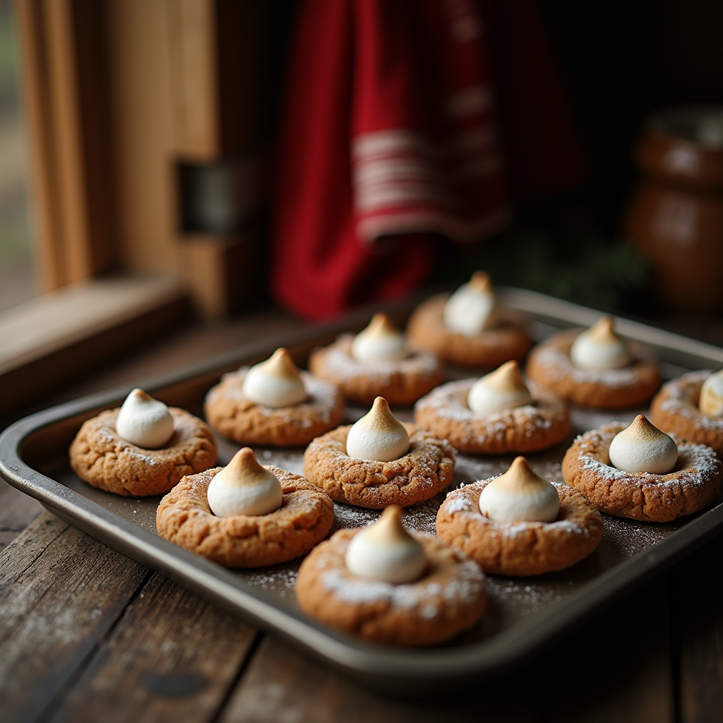 A tray of cookies topped with toasted meringue kisses sits on a rustic wooden table by a window.