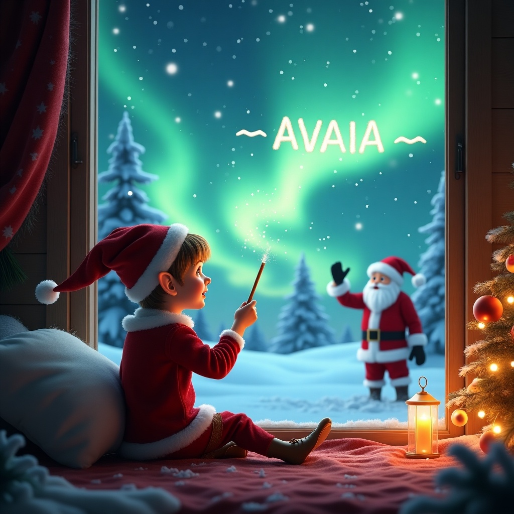 This enchanting image features a young elf character sitting by a cozy window during Christmas. The elf, dressed in a festive outfit, faces the breathtaking northern lights outside and is joyfully using a wand to write Avaya in the sky. In the background, Santa Claus can be seen, adding a magical element to the scene. The setting is a peaceful winter wonderland, with snow-covered trees and a glowing ambiance. This holiday-themed visual captures the spirit of childhood wonder and festive cheer.