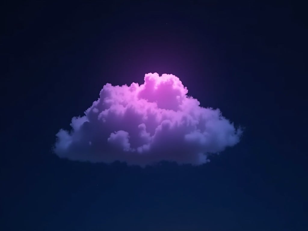 The image features a small cloud glowing bright purple from within, set against an empty dark sky. The contrast between the glowing purple and the deep blue-black background creates a mystical atmosphere. The cloud appears soft and fluffy, giving it a whimsical quality. This captivating scene evokes a sense of wonder and creativity. It's perfect for digital art projects that need an imaginative element.