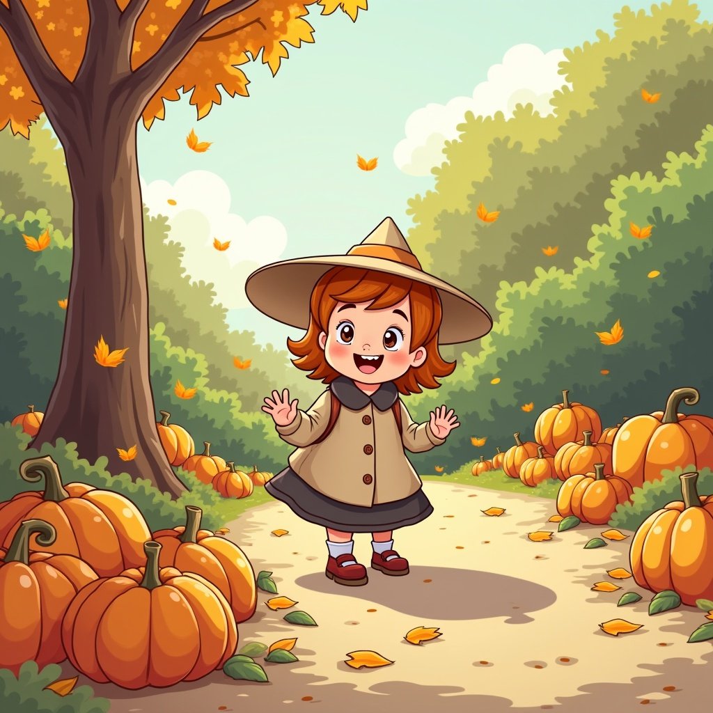 a happy child in autumn attire with a hat walking through a pumpkin patch surrounded by falling leaves, cartoon style