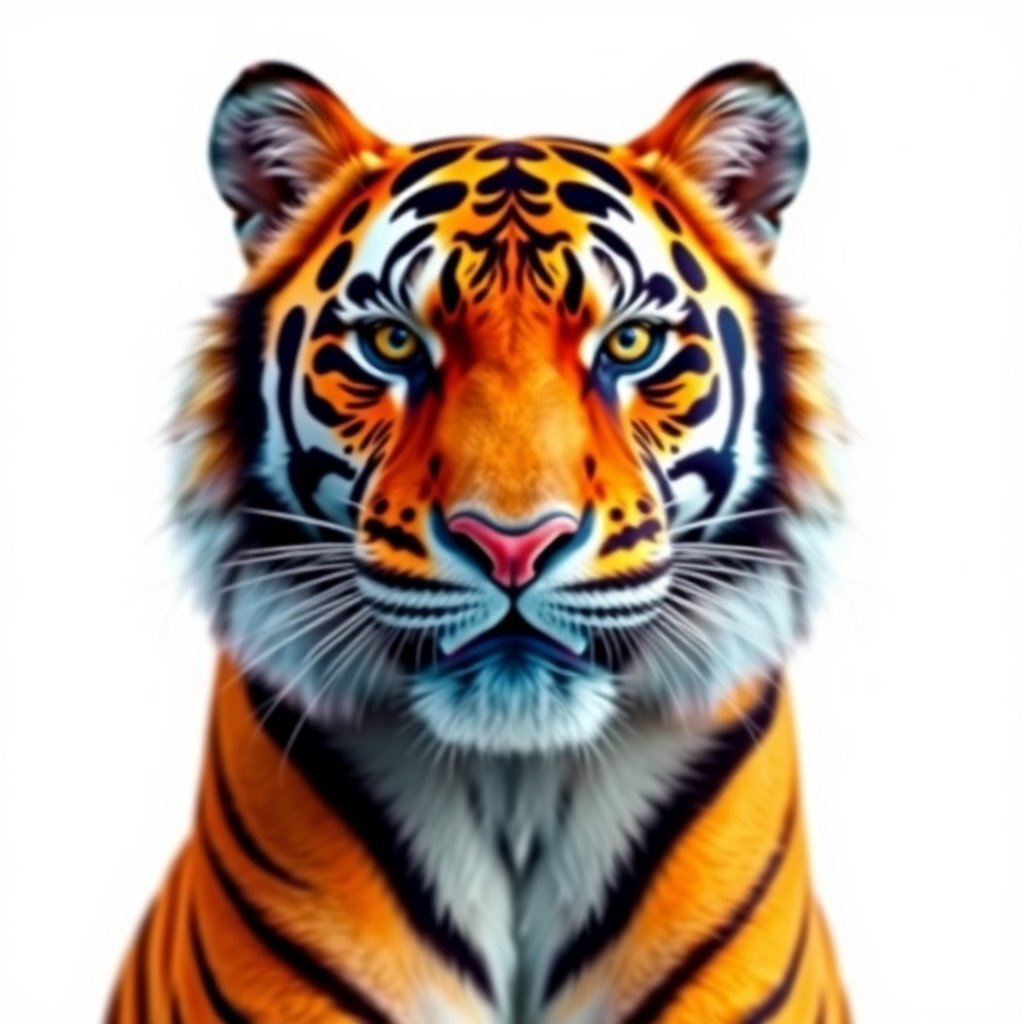 a vibrant and colorful digital illustration of a symmetrical tiger face, highlighting vivid orange, black, and white colors, with blue and pink accents