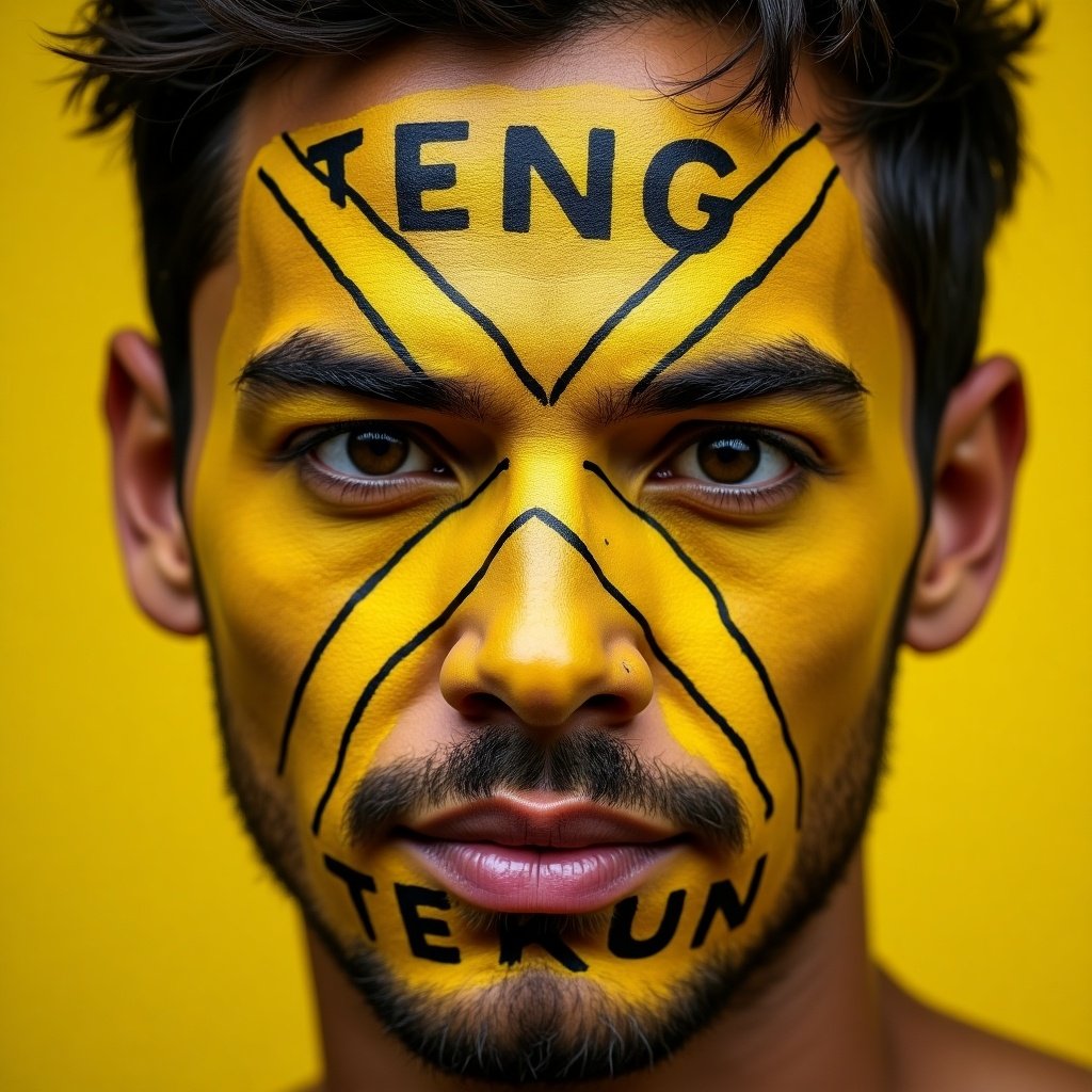 The image showcases a young man with a striking face paint design. His entire face is painted bright yellow with bold black markings. On the left side of his face, there is a prominent 'T', and across his eyes, a large 'X' is painted. The right side features a 'K', while 'TENG' is boldly written on his forehead, and 'TEKUN' on his jaw. The vivid colors and sharp designs create an eye-catching effect, emphasizing artistic expression and individuality.