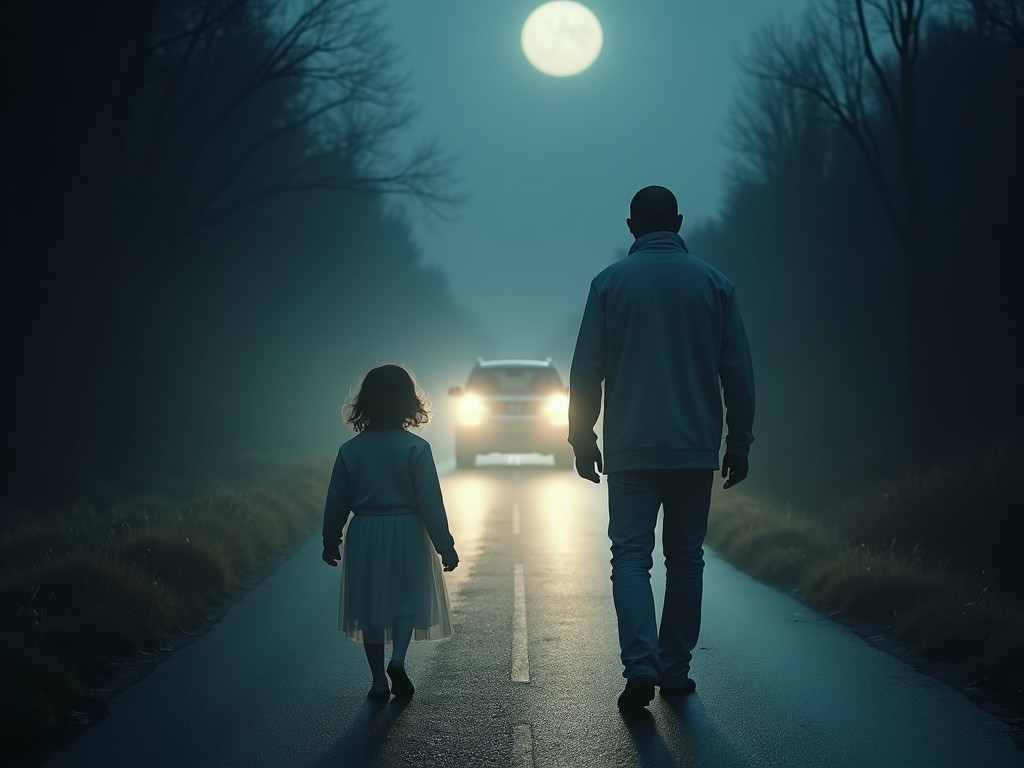 A child in a white dress walks hand in hand with an adult figure down a foggy road at night. A distant car's headlights illuminate the scene, creating a dramatic contrast with the moon overhead. The atmosphere evokes mystery as the silhouettes of the figures are framed by the soft glow of the moonlight. The adult figure appears protective as they accompany the child. The background is shrouded in mist, enhancing the sense of isolation and tension in the moment.