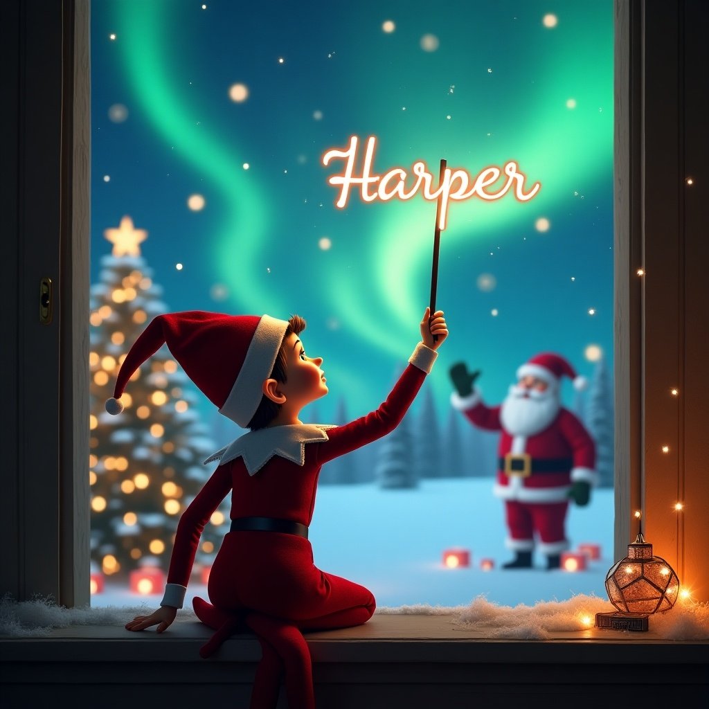 An enchanting scene captures an elf on the shelf facing the sky, with its back to the viewer. The elf is magically using a wand to elegantly write the name 'Harper' in the air. The background features a beautiful Christmas setting with twinkling lights and a festive tree. Santa Claus is showcased in the distance, adding to the holiday charm. The northern lights illuminate the sky, creating a magical atmosphere.