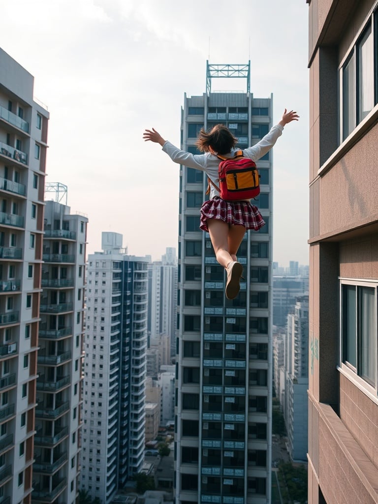 A photograph captures a young woman in mid-air, leaping between two tall buildings. She wears a school uniform and a bright red backpack, emphasizing a sense of youthful daring and exhilaration. The cityscape backdrop, with its tall modern buildings and a clear sky, adds to the thrilling feeling of urban adventure and freedom.