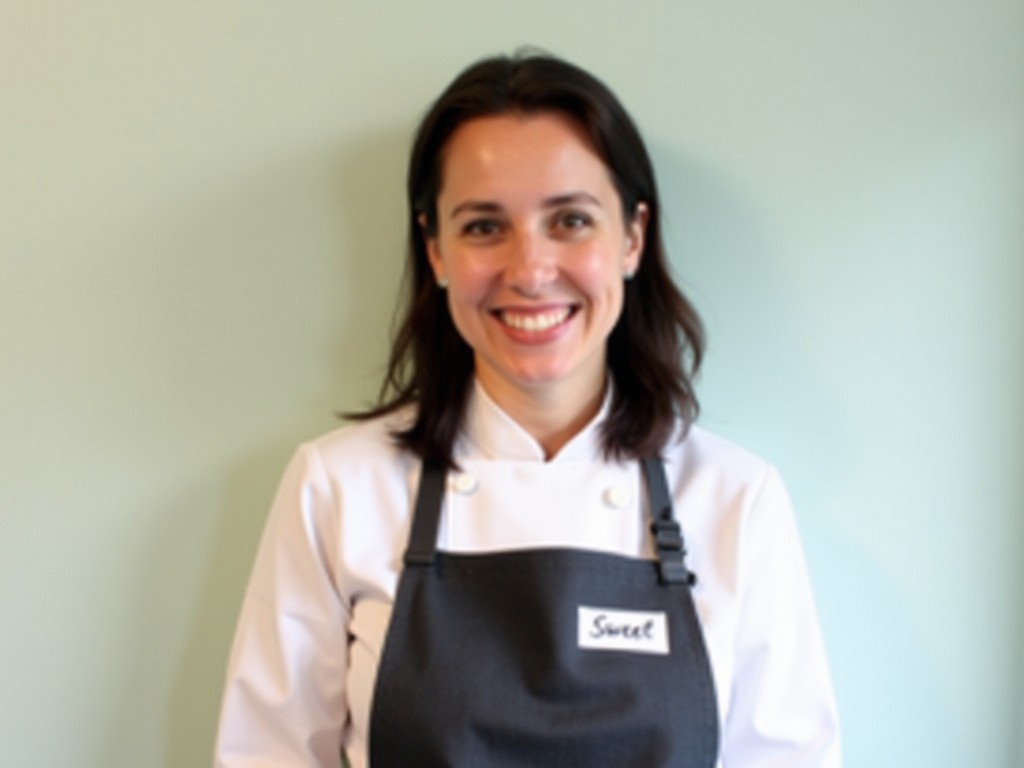 A person is standing with a gentle smile, wearing an apron with a name tag that says 'Sweet.' The background is a simple, light-colored wall, creating a calm atmosphere. The person is wearing a white shirt under the apron, adding a neat and professional look. Their hair is dark and parted, draping comfortably over their shoulders. This setting suggests that the person might be working in a kitchen or culinary-related environment.