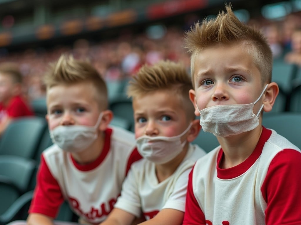 The image features three cute teenage boys with spiky buzzcuts and tight short curls, sitting closely together in a stadium. They are wearing baseball uniforms and have their mouths covered with cloth masks, reflecting a health-conscious environment. The focus is on their expressive faces. The backdrop shows a blurred crowd, indicating a busy stadium atmosphere. The boys appear engaged and interested, showcasing the excitement of the event while adhering to safety measures. This close-up captures a moment of youth sports culture in a unique context.