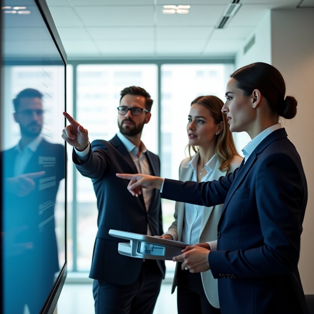 The image depicts three professionals in business attire having a dynamic discussion. They are focused, pointing at a digital screen displaying data or information. The setting is a modern office with a white theme, emphasizing a sleek and professional environment. Natural light floods the room, highlighting the engaged expressions of the participants. This scene captures the essence of collaboration and professionalism in a corporate context.