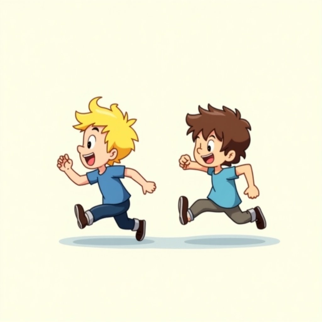 The image showcases a whimsical cartoon scene featuring two boys exuberantly running together. One boy, sporting bright yellow hair, wears a cheerful blue shirt, while the other boy has dark brown hair and also dons a blue top. Both boys exhibit joyful smiles, radiating happiness and energy. The background is soft and light, designed to highlight their animated expressions and playful interaction. This illustration embodies the essence of childhood fun, camaraderie, and adventure, all in an engaging anime style.