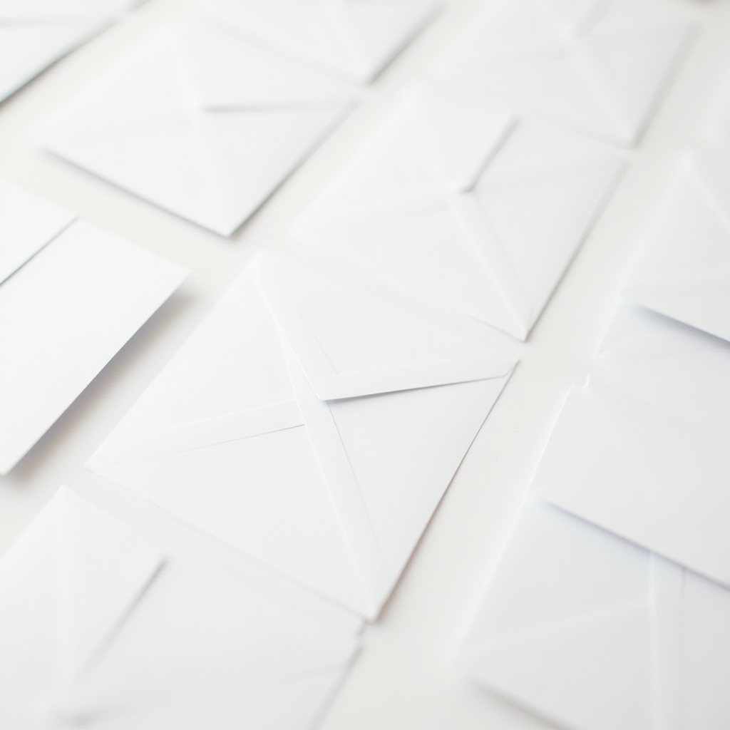 A collection of white envelopes arranged neatly on a white surface.