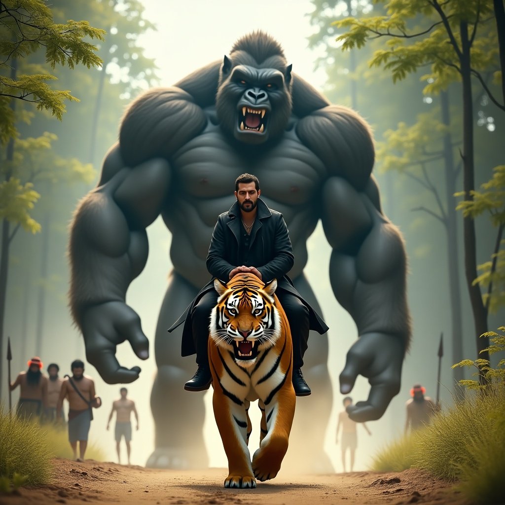 In this striking digital art piece, a man in a dark coat rides a fierce tiger through a dusty path in a lush forest. Behind them, a group of armed individuals adds intrigue to the scene. A colossal gorilla-like creature stands protectively behind, exuding power. The contrast between the man's calm demeanor and the tiger's primal energy is captivating. The scene evokes awe, showcasing the grandeur of nature and mythical beasts, making it a perfect illustration for an adventure narrative.