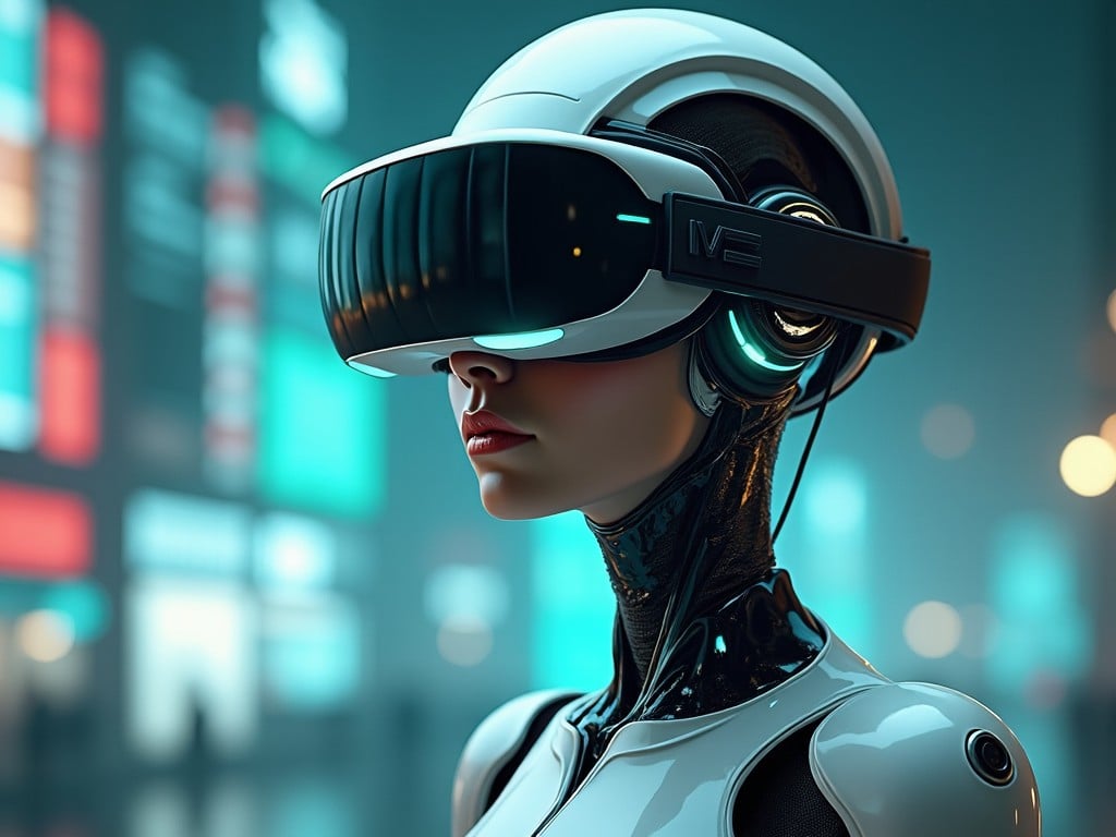 a futuristic robot with a sleek design wearing a virtual reality headset in a neon-lit environment