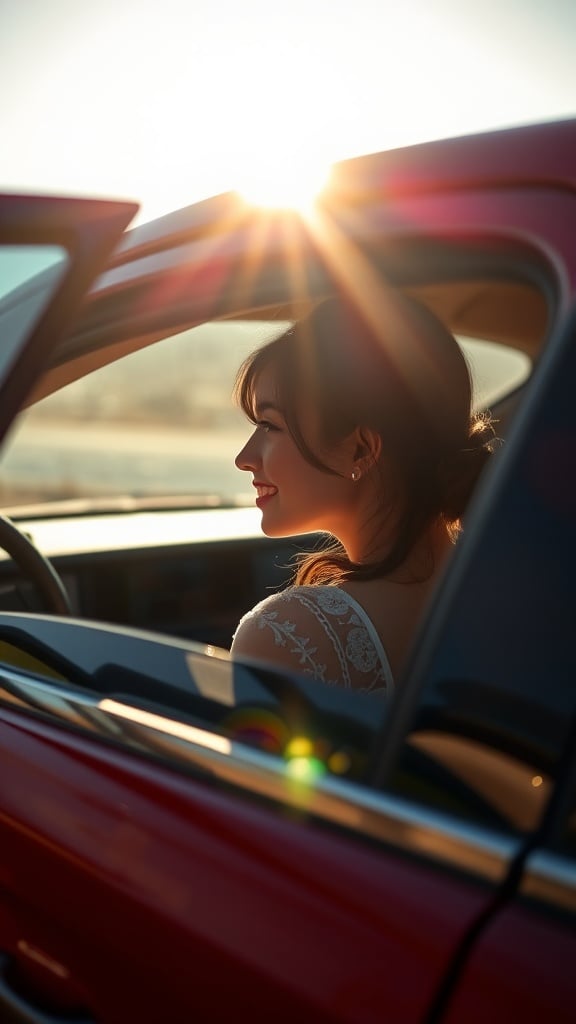 The image captures a woman seated in a car with a joyful expression as the sun sets behind her. The golden hour lighting creates a warm glow and highlights her profile, with rays of sunlight gently streaming through the car window. The vibrant red color of the car contrasts beautifully with the soft, serene ambiance created by the sunlight.