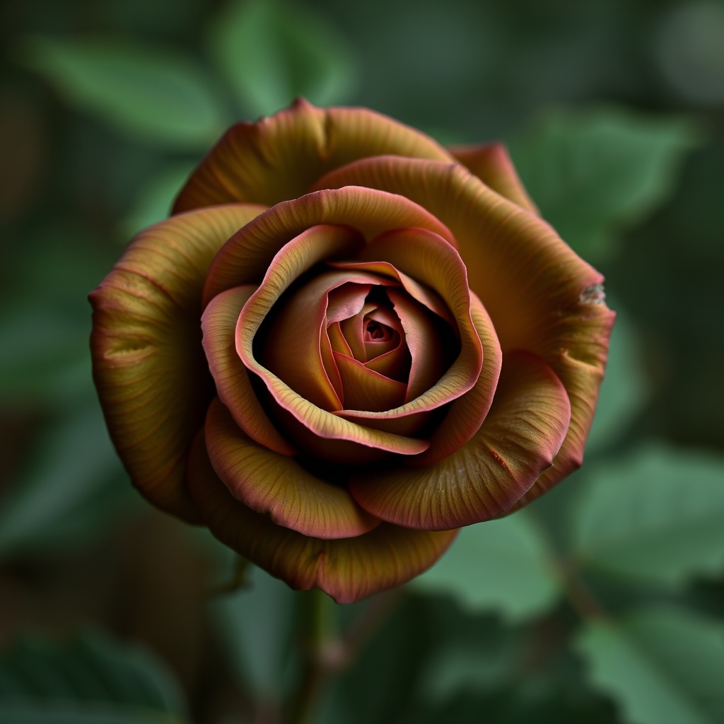 A close-up view of a bronze-hued rose with detailed, velvety petals set against a blurred green background.