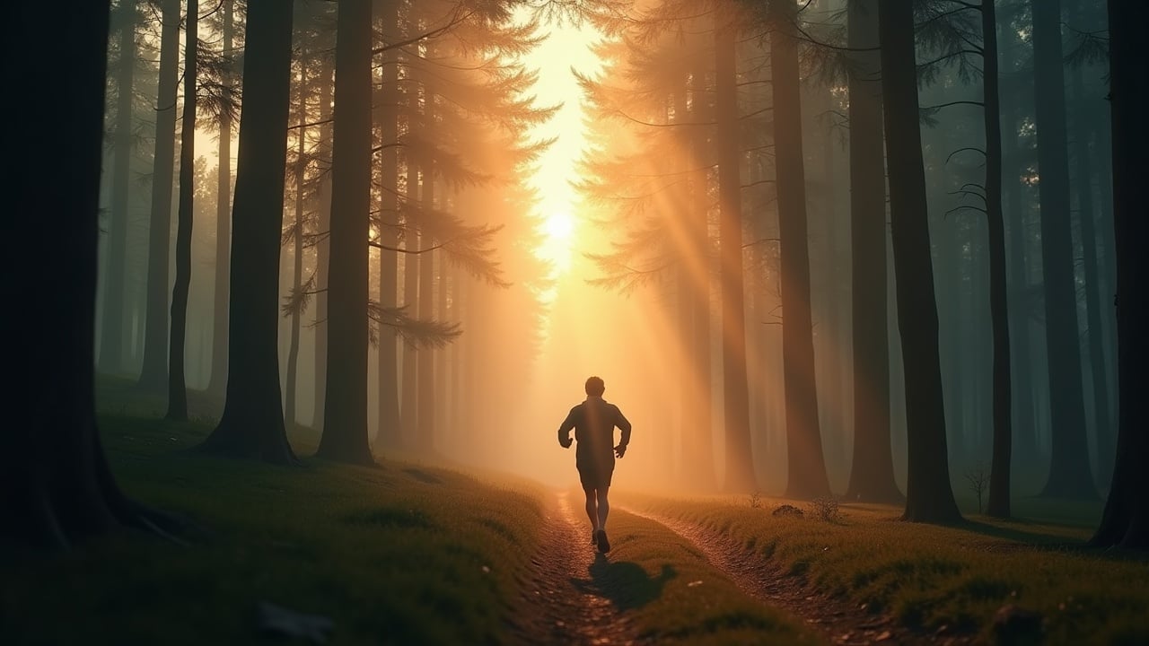 Person running in a sunlit forest