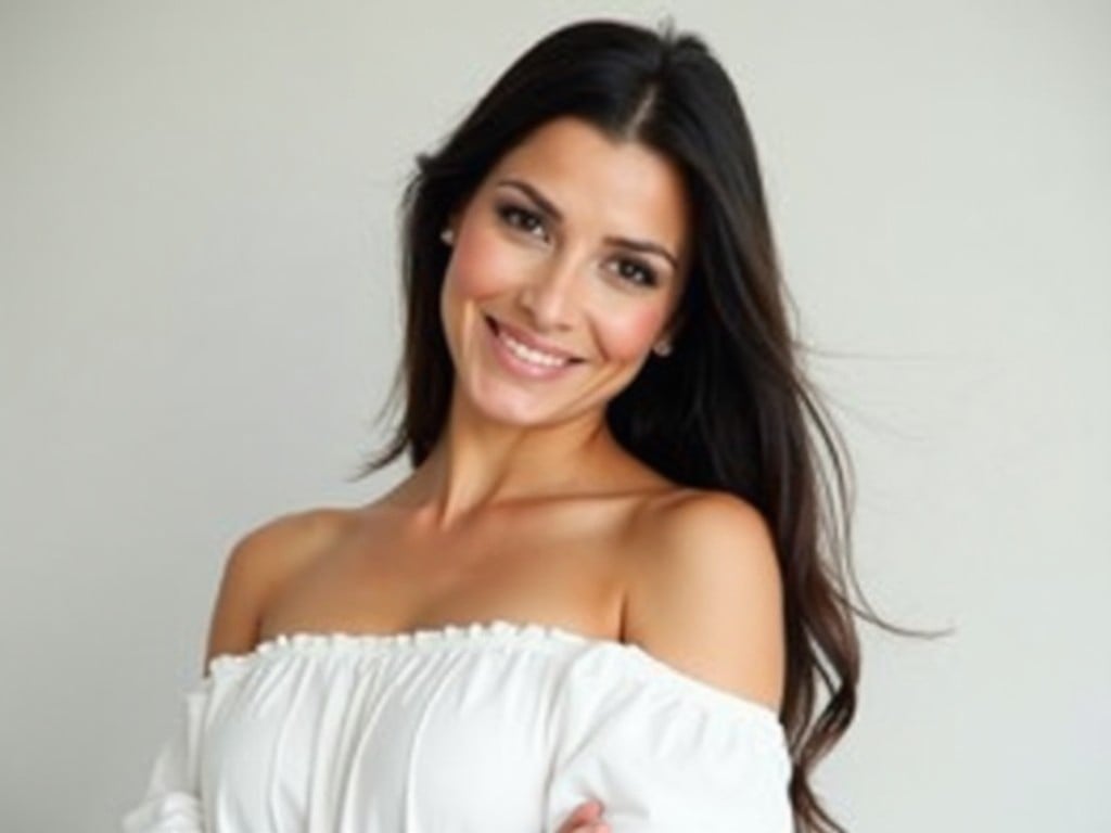 a photo of a smiling woman with long dark hair, wearing an off-the-shoulder white top, posing against a neutral background