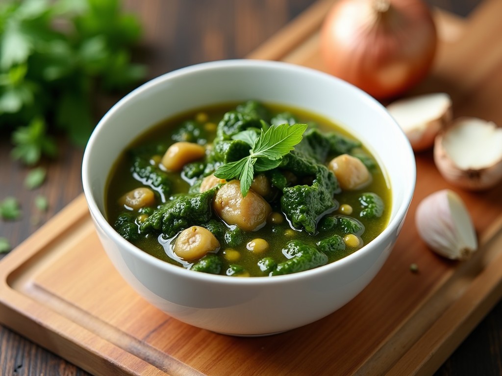 The image showcases a bowl of green stew, possibly a traditional dish, placed on a wooden cutting board. Surrounding the bowl are some fresh ingredients, including an onion and garlic, hinting at its rich flavor. The stew appears thick and hearty, containing pieces of meat and small beans, suggesting it is packed with nutrients. The vibrant green color indicates the use of leafy vegetables, common in many regional cuisines. The setting is simple yet elegant, focusing on the delicious meal that invites the viewer to explore its taste.