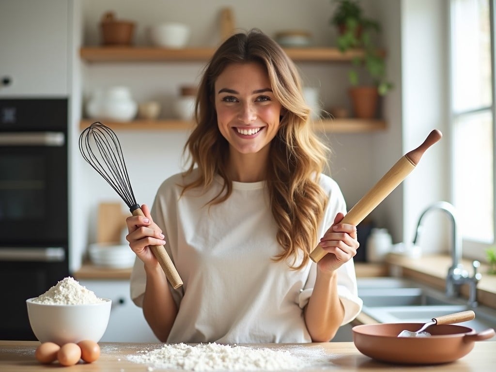 The image shows a young woman in a home kitchen, smiling brightly. She's holding a whisk in one hand and a rolling pin in the other. Flour is spread across the wooden counter, indicating that she's been baking. There are eggs beside her, enhancing the baking theme. The kitchen is warmly lit, creating a welcoming atmosphere for cooking.