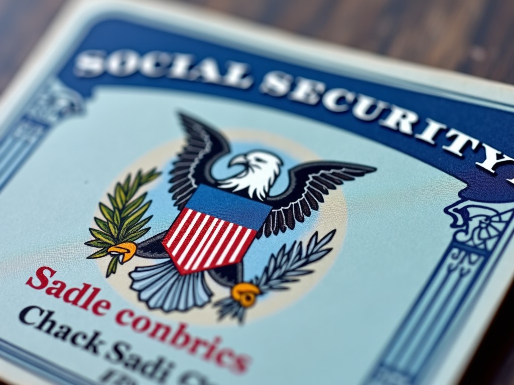 Close-up image of a social security card with an eagle emblem, highlighting the text and design elements.