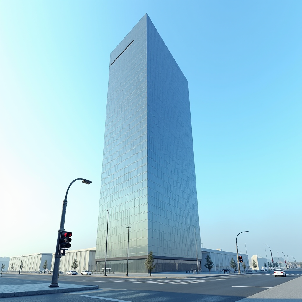 A modern glass skyscraper towers over a cityscape under a clear blue sky, with a nearby streetlight and traffic signal on a quiet street.