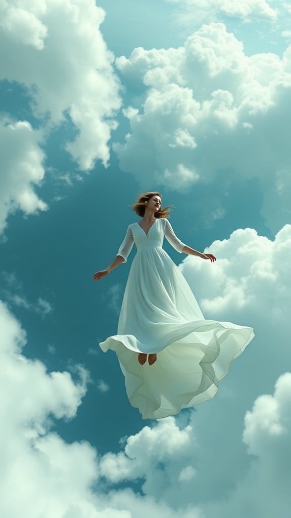 A woman in a flowing white dress appears to be gracefully hovering among the clouds. The scene is set against a backdrop of a serene sky, filled with softly illuminated clouds, capturing the magic of a dreamlike state.