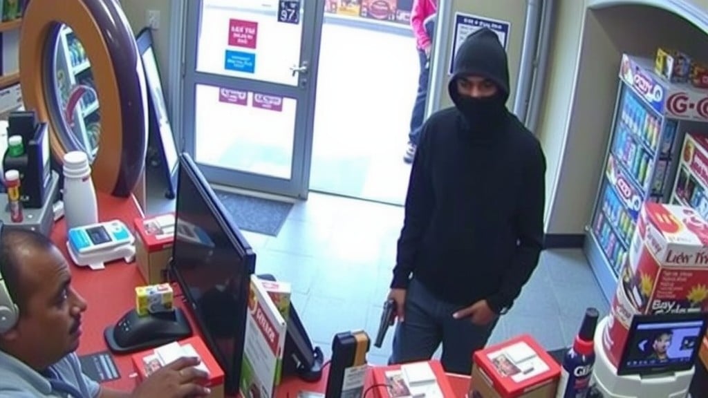 A masked individual in a hoodie stands at a store counter, interacting with a cashier, holding an object that resembles a gun.