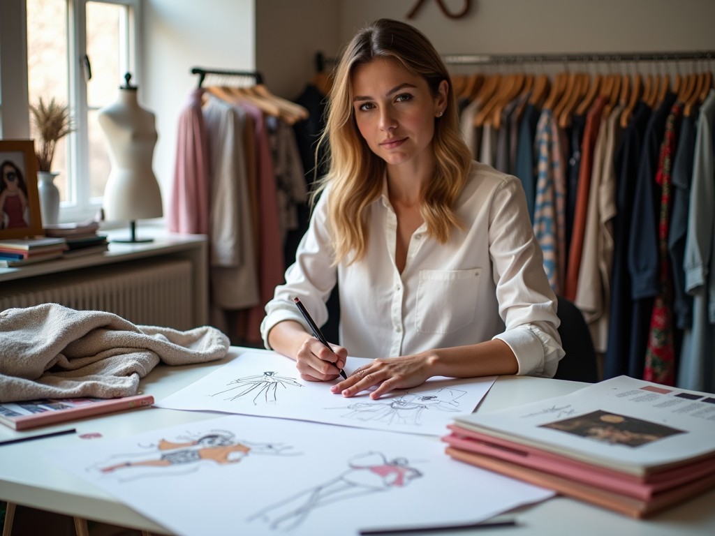 A woman is working diligently on fashion sketches at her desk in a clothing studio. She is surrounded by various sketches and fashion design materials. The studio is filled with natural light, creating a warm atmosphere. Clothing samples hang in the background, showcasing the creative environment. This scene highlights the artistic process of fashion design, emphasizing skill and creativity.