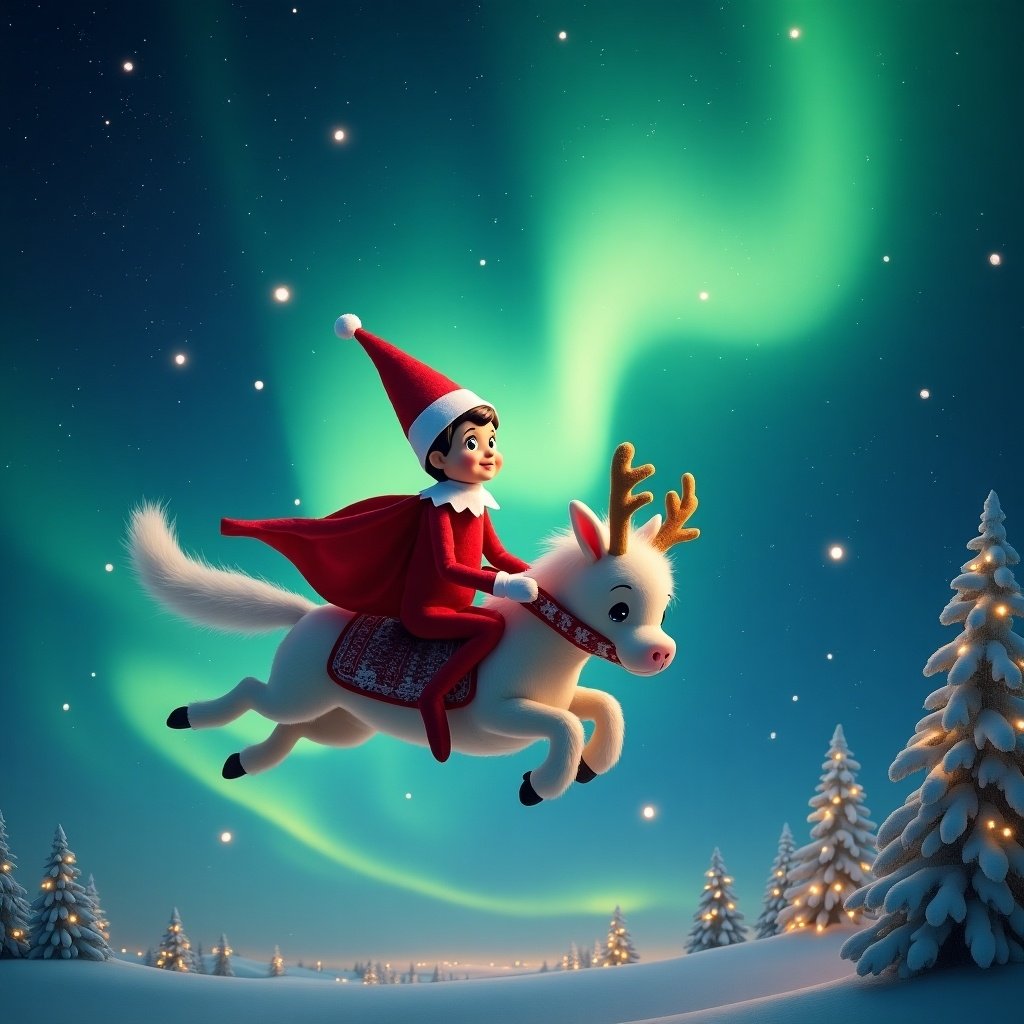 This image features an elf on the shelf named Ryleigh, joyfully flying through the night sky on a reindeer. The scene is illuminated by the mesmerizing northern lights in vibrant greens and blues. Christmas trees dusted with snow dot the landscape below. Ryleigh is dressed in a classic red Santa hat and cape, adding to the festive theme. The atmosphere is magical and enchanting, perfect for celebrating the holiday season.