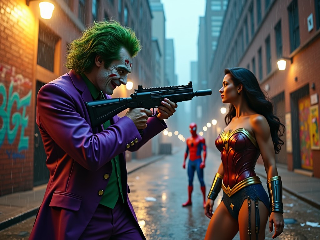 A dramatic confrontation between a costumed villain holding a gun and a superhero on a dimly lit urban street, with another character in the background.