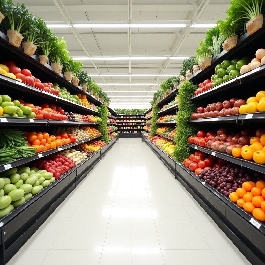 The image showcases a grocery store aisle filled with a variety of colorful fruits and vegetables. Both sides of the aisle are lined with neatly arranged products, including fruits like apples, oranges, and bananas, as well as vegetables such as lettuce and peppers. The bright, white ceiling reflects the light, enhancing the vibrant colors of the produce. The clean and organized layout of the aisle invites shoppers to explore the healthy options available. This scene highlights the appeal of fresh food and promotes healthy eating habits.