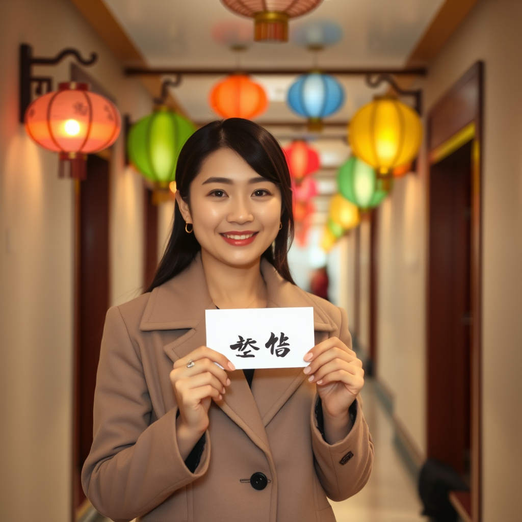 A woman stands in a hallway adorned with colorful lanterns, holding a card with Chinese characters and smiling.