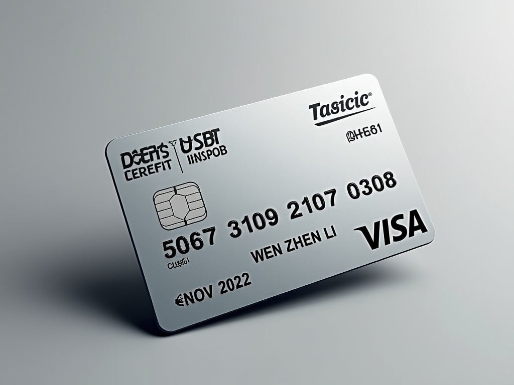 A realistic image of a credit card, showcasing its details clearly. The card has the Visa logo prominently displayed. The card number is 5067 3109 2107 0308, situated below the logo. The cardholder's name is printed as Wen Zhen Li, aligned correctly. An expiry date of November 2022 is also present at the bottom. The overall design is modern and sleek, with a silver background and black font. It conveys the essence of a standard credit card used for various financial transactions.