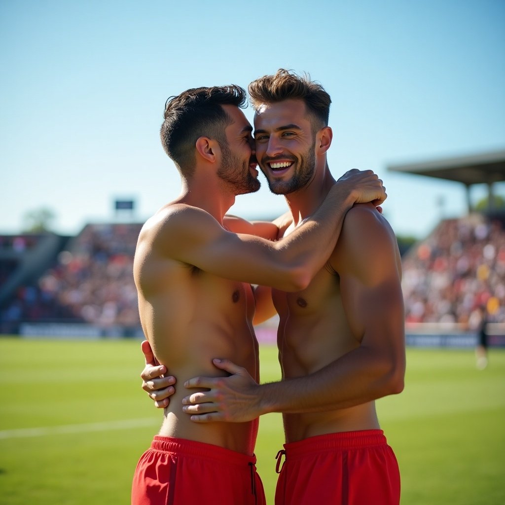 Two athletic men embrace on a sports field, demonstrating passion and camaraderie. They are shirtless, wearing red speedos, and convey a sense of joy and connection. The setting features a lively crowd in the background under a clear blue sky. The image captures the essence of sportsmanship combined with a touch of affection. This moment symbolizes unity and celebration in the sporting world.