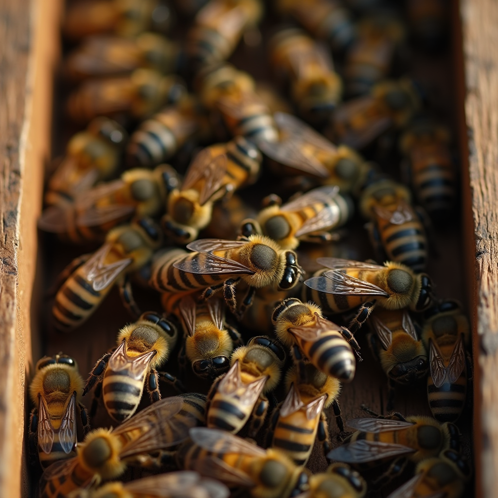 The image depicts a close-up view of a group of bees huddled together. Their distinct black and yellow striped bodies are clearly visible, as are their delicate wings. The bees are clustered closely, possibly engaging in communal activities typical to a hive. The natural light accentuates their detailed exoskeletons and fuzzy thoraxes. The wooden surface beneath them suggests they might be in a beekeeping frame or the interior of a hive.