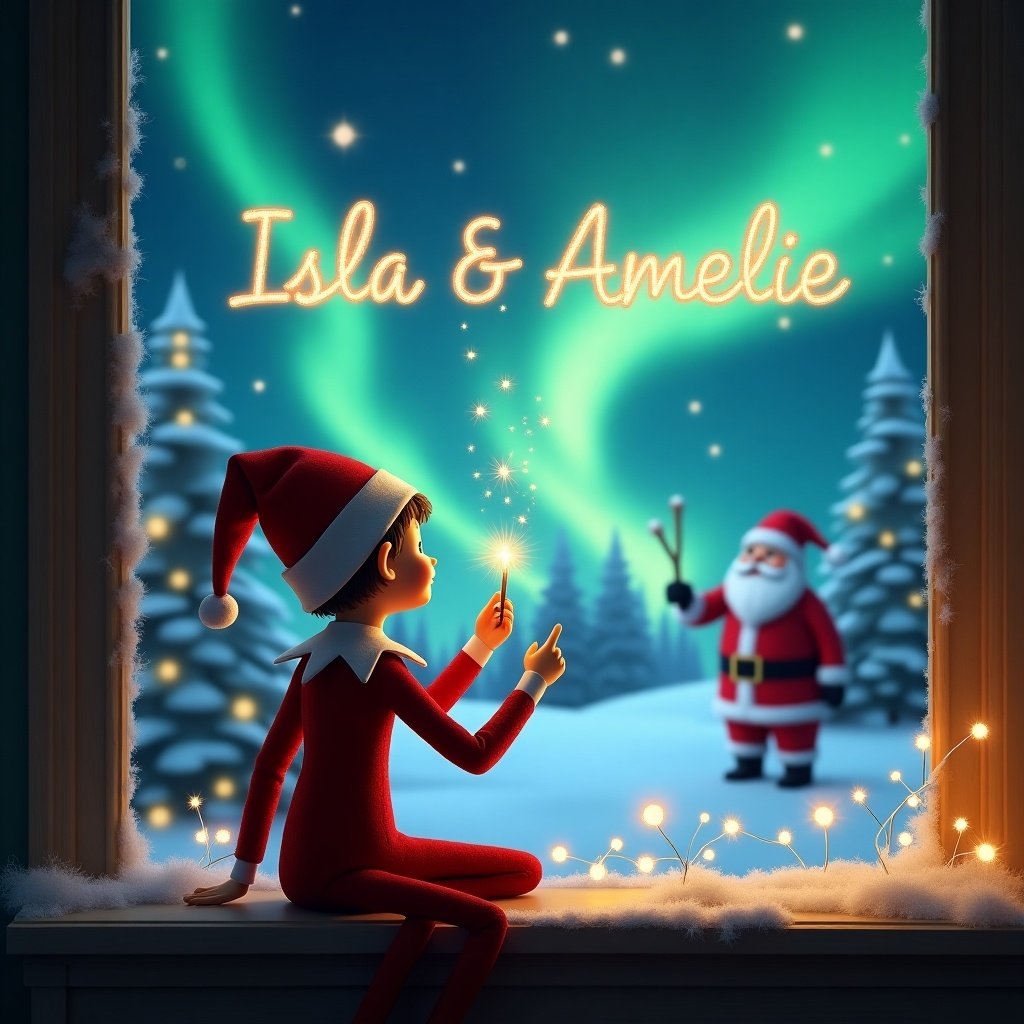 This festive image features an elf on the shelf facing the captivating northern lights. With his back to the viewer, the elf uses a magic wand to elegantly write the names 'Isla & Amelie' in the bright, starry sky. In the background, Santa Claus waves, adding to the enchanting Christmas atmosphere. The scene is filled with the warmth of holiday spirit, emphasized by a glowing ambiance. Twinkling lights surround the window, enhancing the magical feel of Christmas Eve.