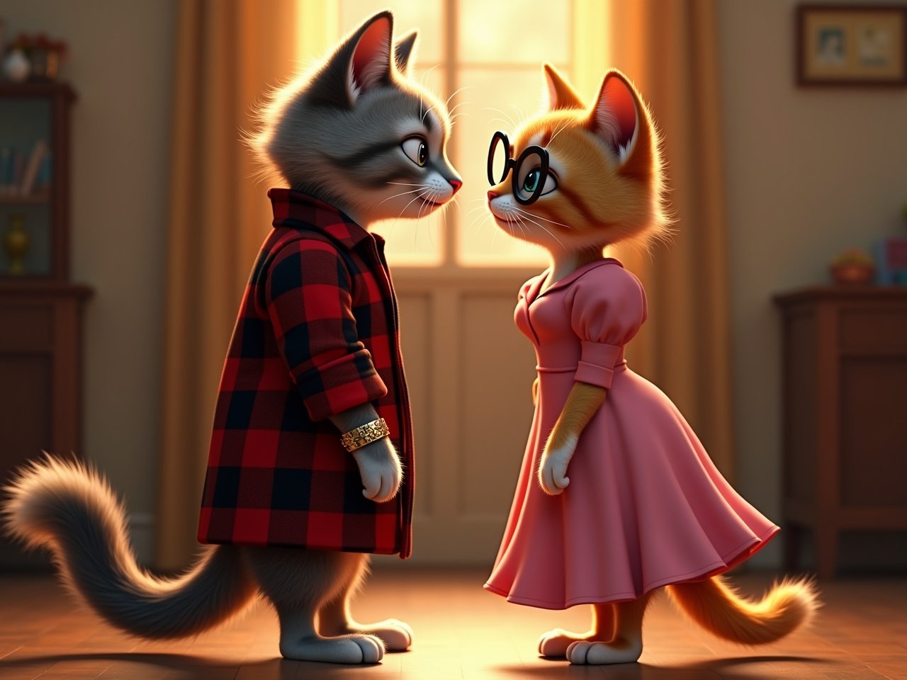 A romantic scene unfolds as two anthropomorphic cats meet for the first time. The male cat stands tall, showcasing a red and black plaid lumberjack shirt paired with a handsome wristwatch. He has a masculine charm that draws attention. The female cat, adorned in an elegant pink dress and chic glasses, radiates sophistication and intellect. Their body language, full of attraction, suggests mutual interest. The moment is sweet and tender, deepened by warm lighting that enhances the romantic ambiance.