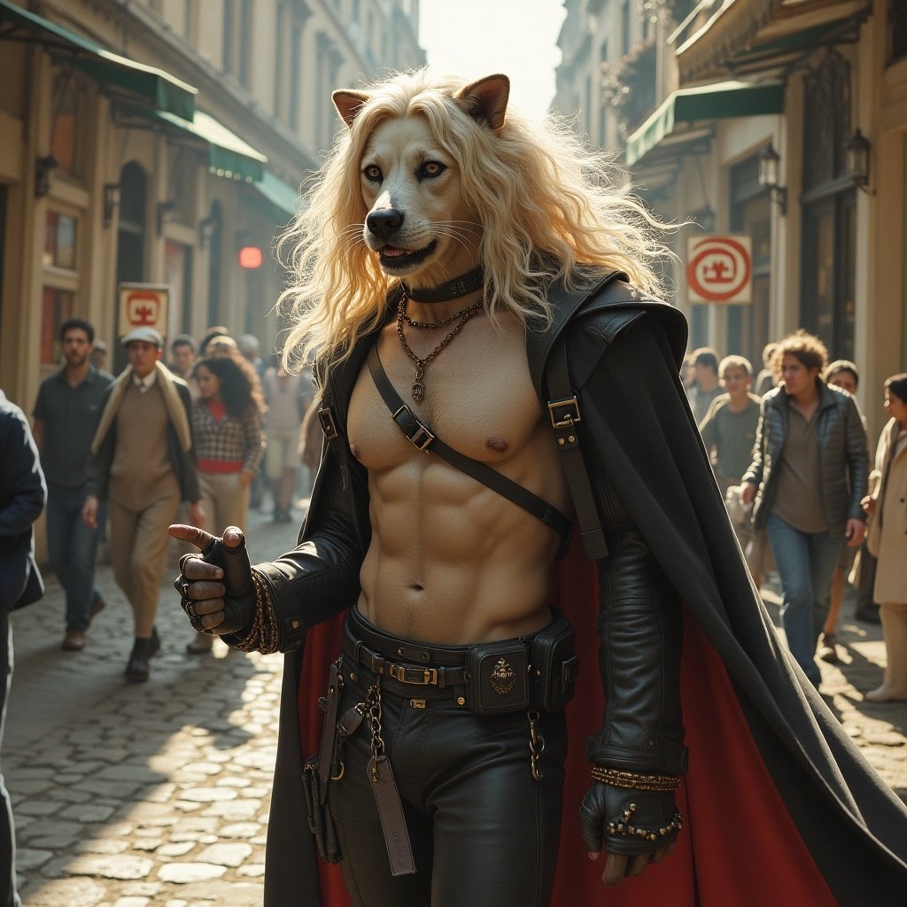 The image shows a unique hybrid character walking through a bustling street in a city. The character has the head of a dog and a muscular human body, showcasing an intriguing blend of anthropomorphism. Dressed in stylish black leather attire, the character has long flowing blonde hair and exudes confidence with a playful gesture. Surrounding the character are people in casual urban clothing, creating a vibrant and dynamic atmosphere. This scene captures both fantasy elements and modern fashion, appealing to fans of unique character designs.