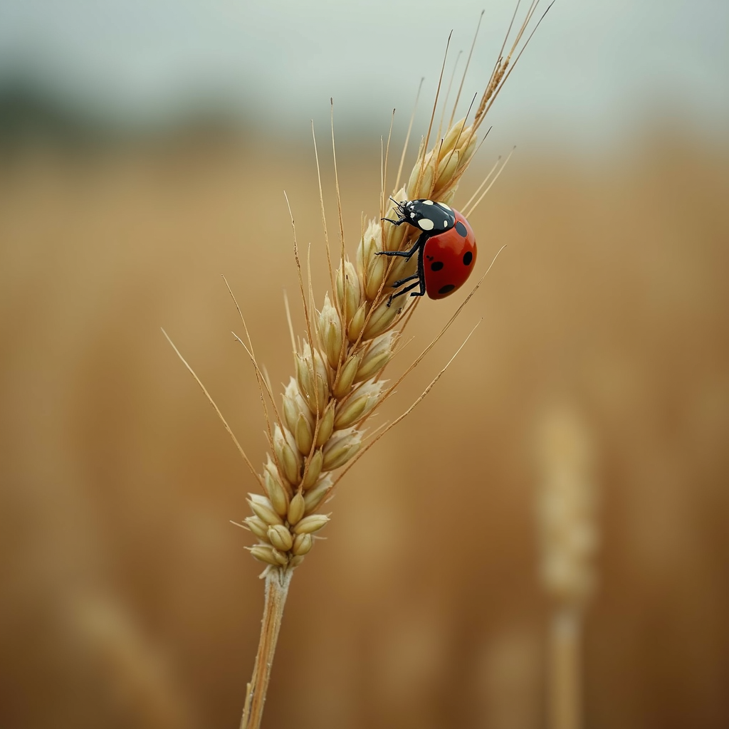 A close-up of a ladybug on a golden wheat stalk against a blurred field background.